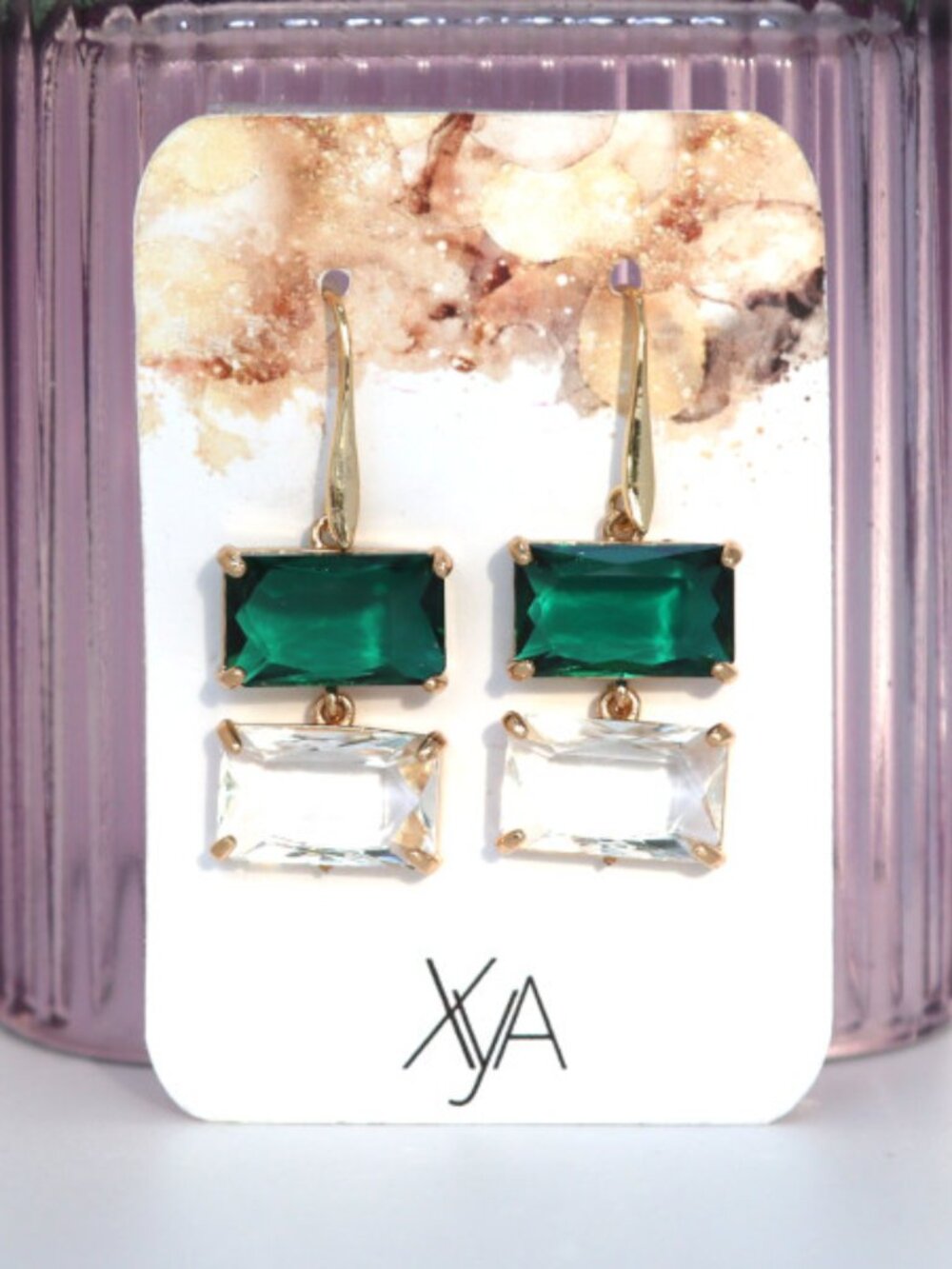 Gold-Tone Drop Earrings with Emerald Green and Clear Stones